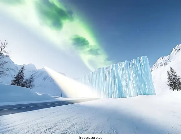 Winter Landscape with Aurora Borealis and Ice Wall