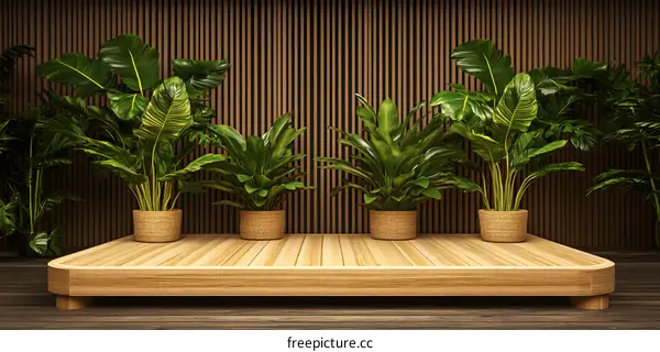 Wooden Platform with Plants and Brown Stripes Background