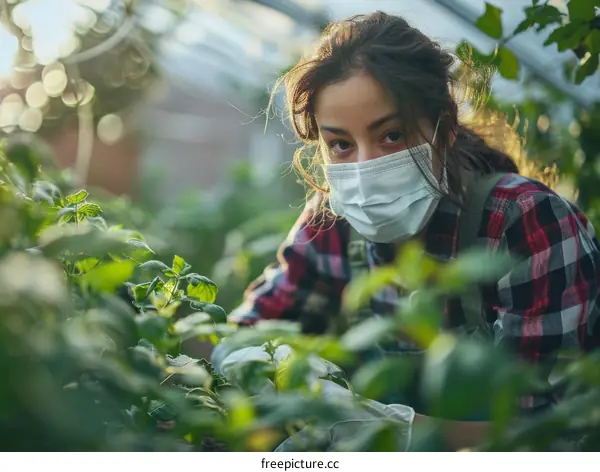 Young caucasian woman wearing a mask working in a greenhouse