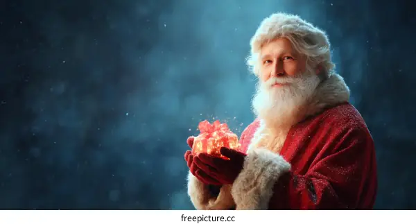 Santa Claus Holding a Glowing Gift in a Winter Scene
