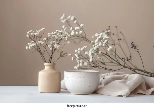 Dried Floral Arrangement in Bowl and Vase with Linen Tablecloth