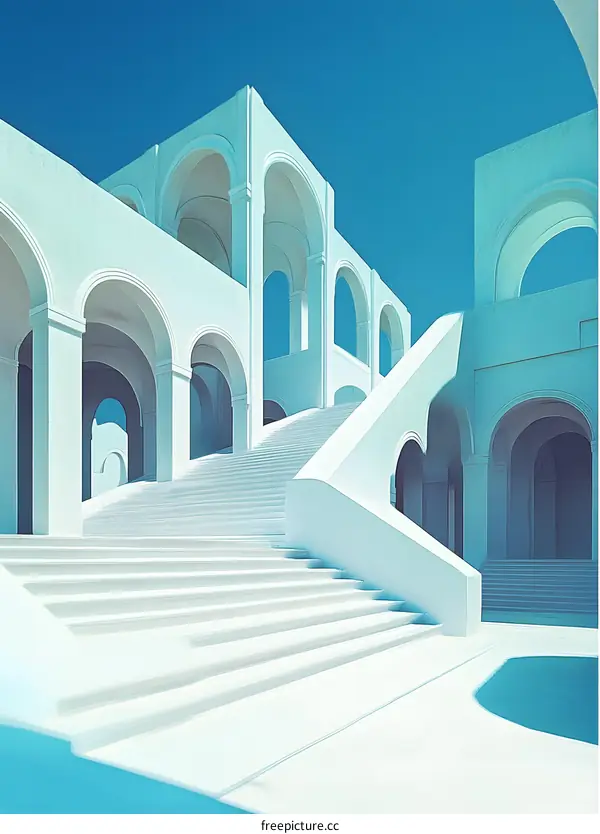 White Architecture with Arched Windows and Stairs