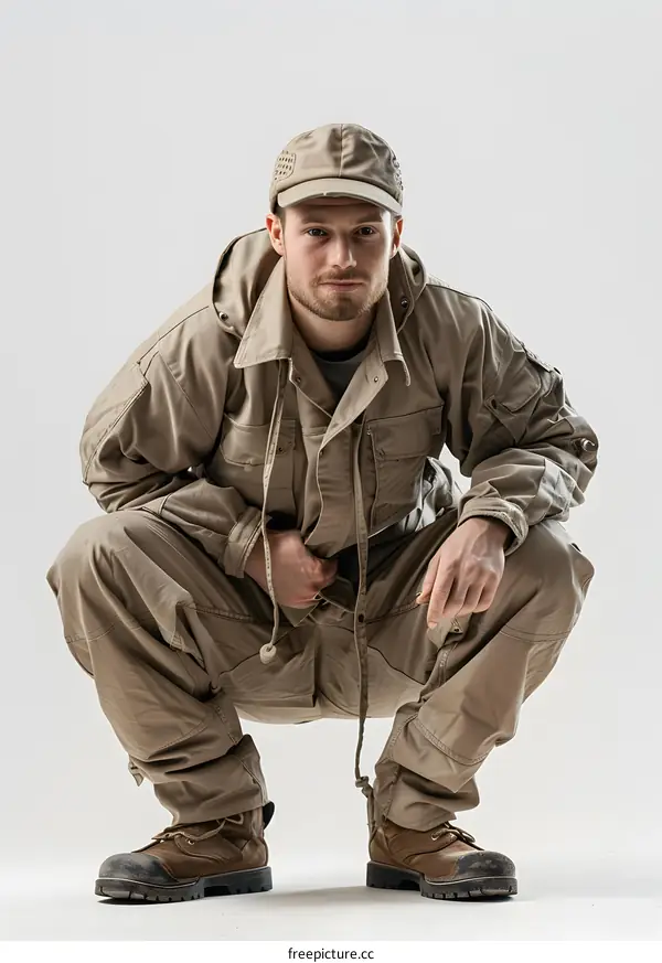 Man in Khaki Workwear Crouching