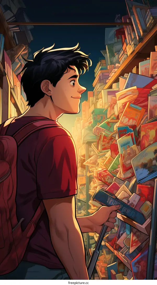 Young male student looking at a bookshelf full of books in a library