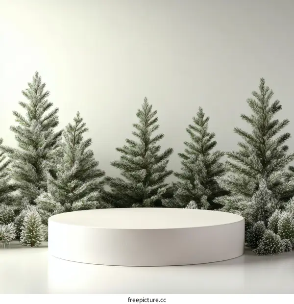 White Christmas Display Podium with Snow-Covered Trees