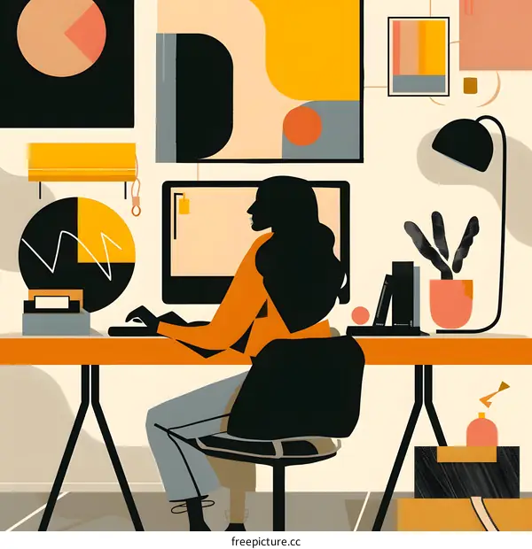 Woman Sitting at Desk Working on Computer