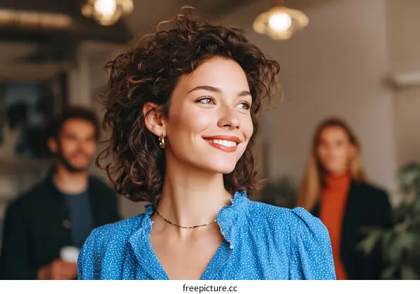 Smiling woman in a cafe with blurred background