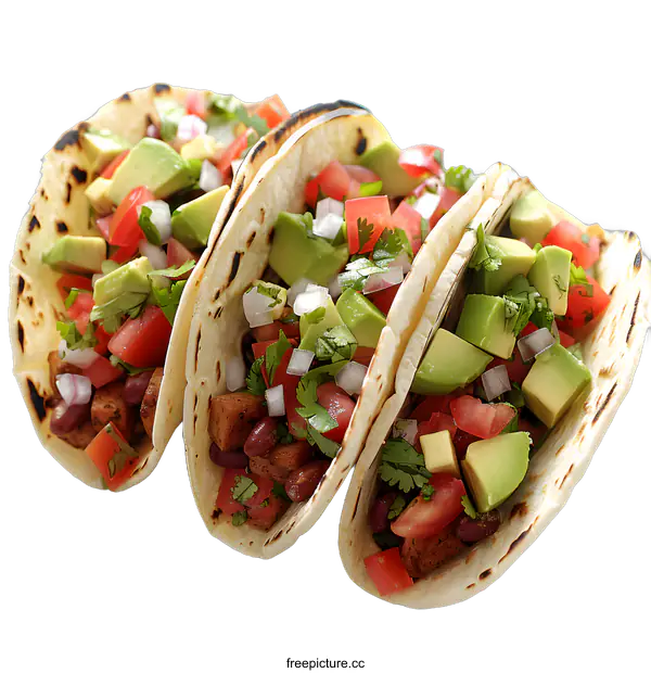 [Transparent Background PNG]Three tacos with fresh ingredients on a white background