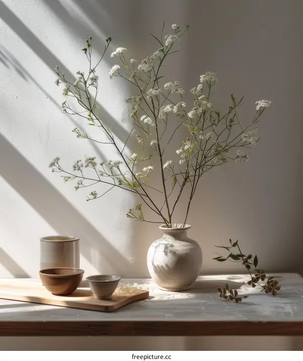 Delicate white flowers in a ceramic vase by the window