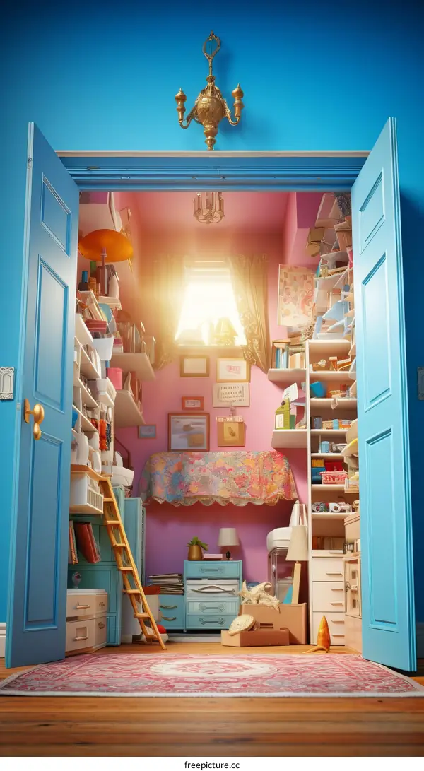 An illustration of a messy room with a pink wall and blue doors