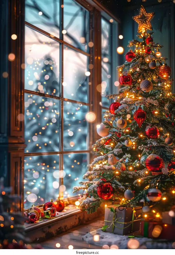 Christmas Tree with Presents and Twinkling Lights