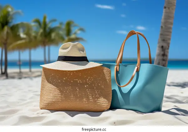 Beach day essentials: straw hat and blue tote bag