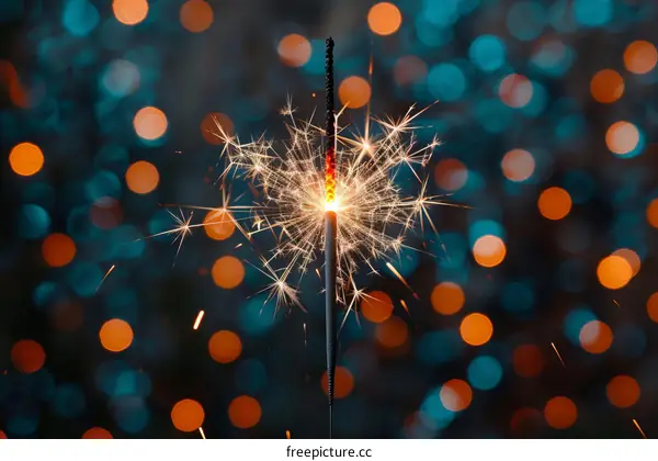 Sparklers against blurred background of blue and orange lights