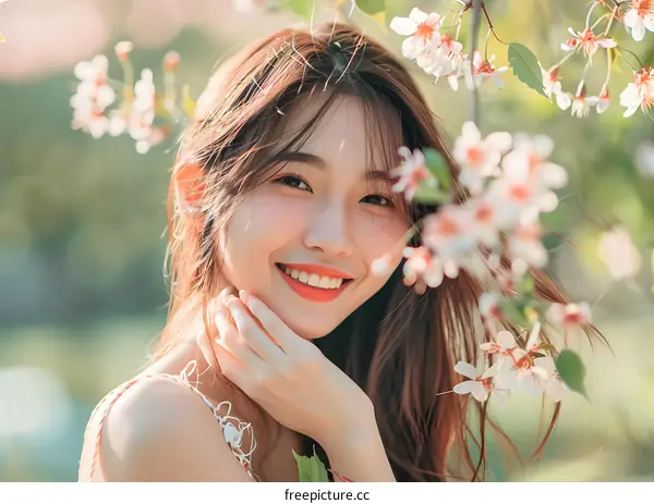 Smiling Woman Posing With Flowers In Spring