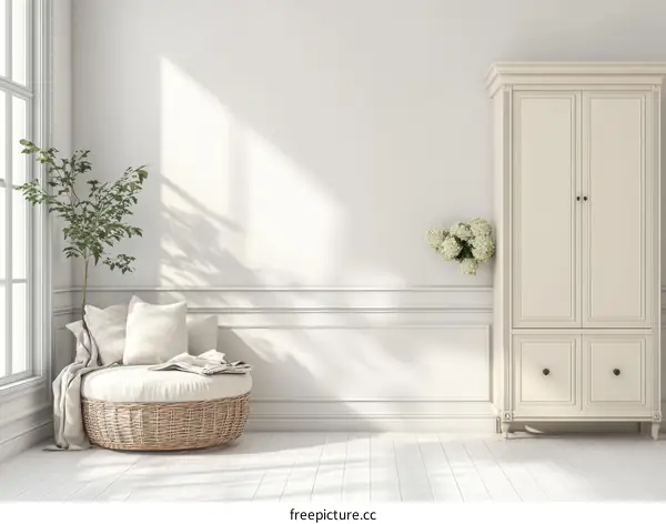 Elegant White Interior Design with Wicker Seating