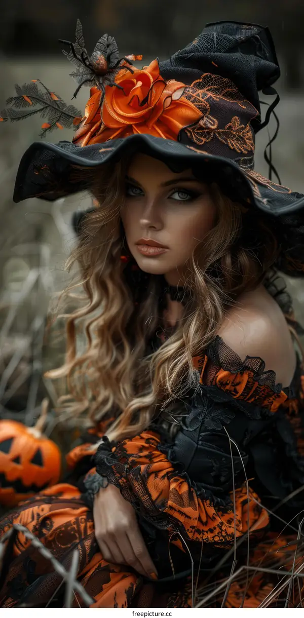 A beautiful young woman dressed as a witch for Halloween