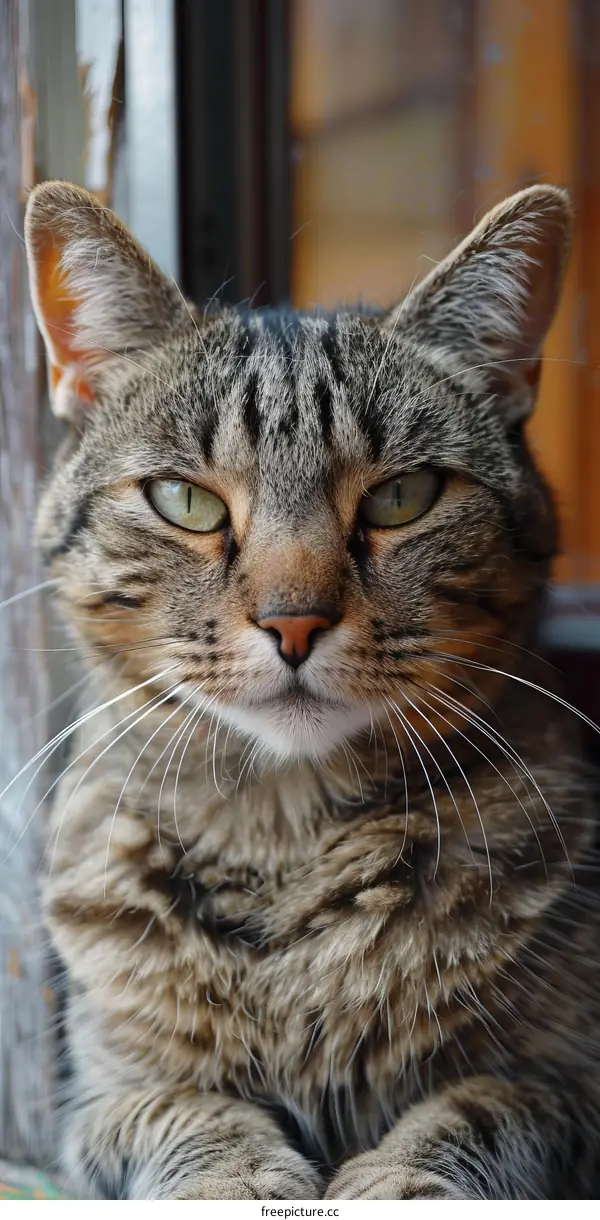 A ginger cat is sitting on a wooden window sill and looking at the camera