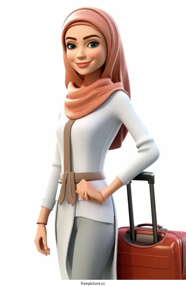 Muslim Woman Traveling with Luggage in Hijab Suit
