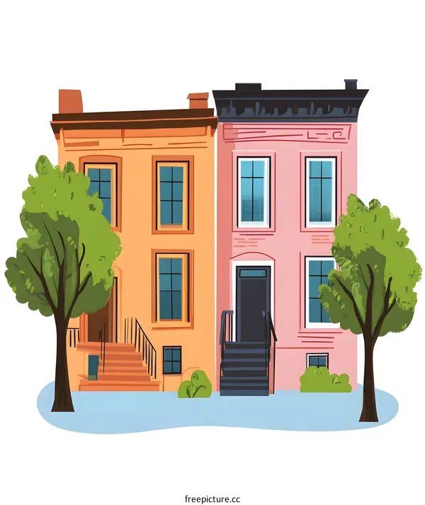 Two Story Townhouses with Green Trees and Blue Sky