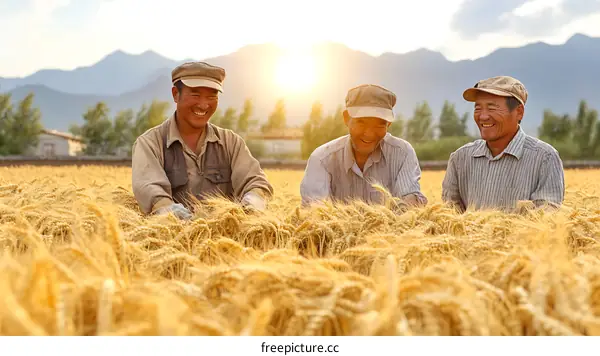 Happy Farmers Harvesting Wheat Field