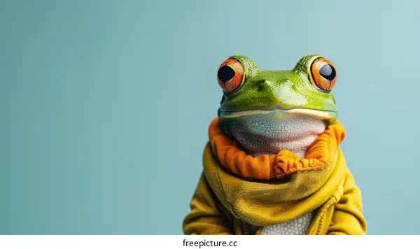 A green frog wearing a yellow sweater