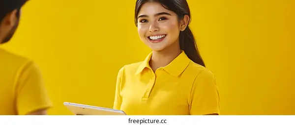 Smiling Woman Wearing Yellow Shirt Holding a Tablet
