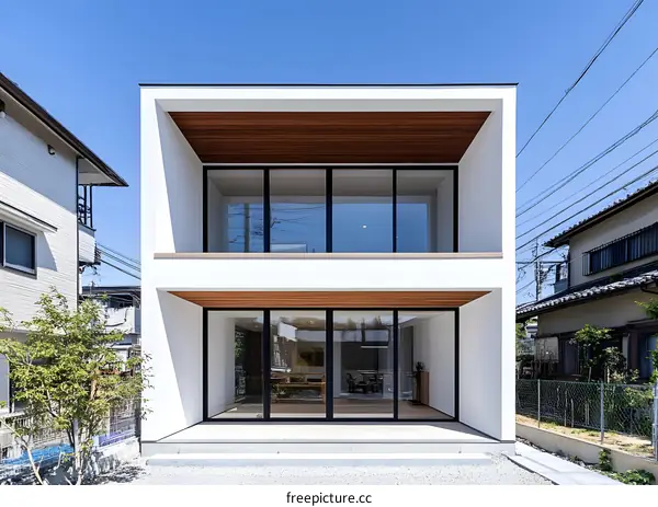 Modern Two Story House with Wooden Accents and Large Windows