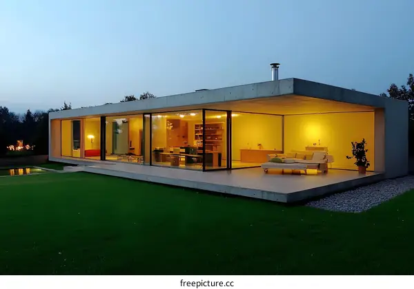 Modern Minimalist Concrete House with Large Windows and Outdoor Patio