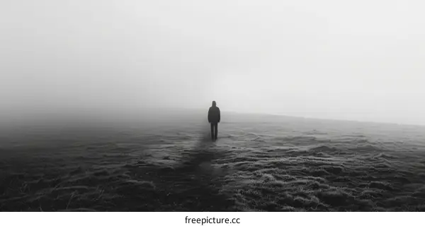Black and white photo of a lonely man walking in a foggy field