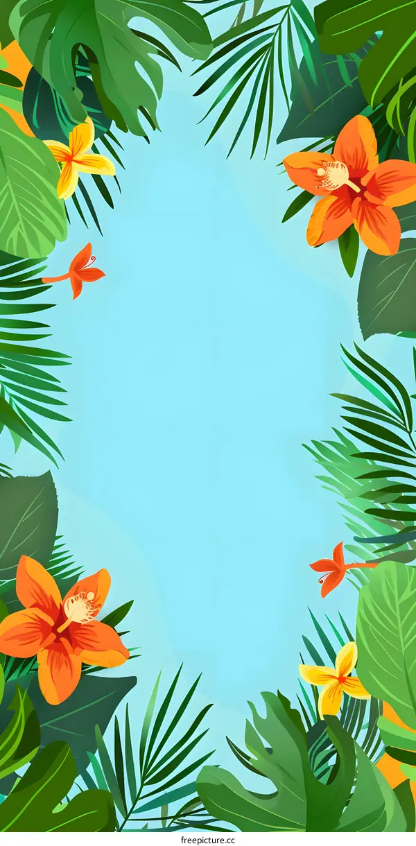 Tropical Leaves and Flowers Summer Background Illustration