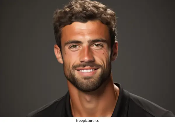 Portrait of a smiling young man with curly brown hair and a short beard