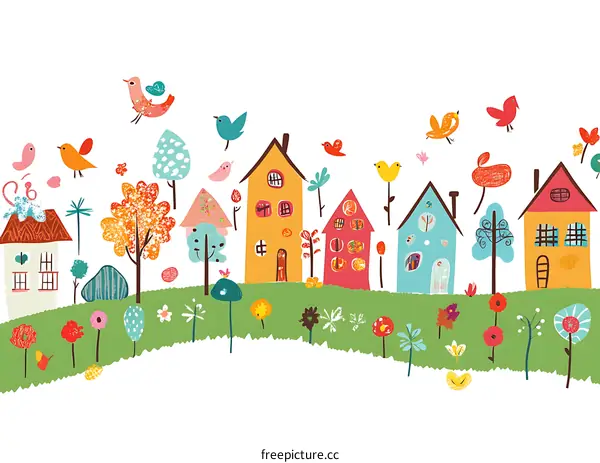 Colorful Illustration of a Small Town with Birds and Trees
