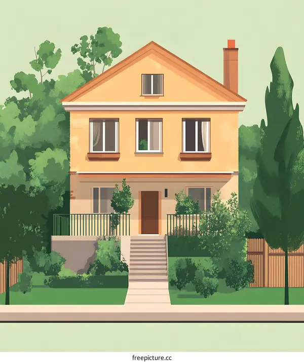 Beautiful Yellow House with Green Lawn and Trees