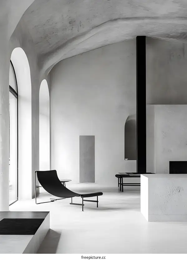 Minimalist Interior Design with Curved Ceiling and Black Furniture