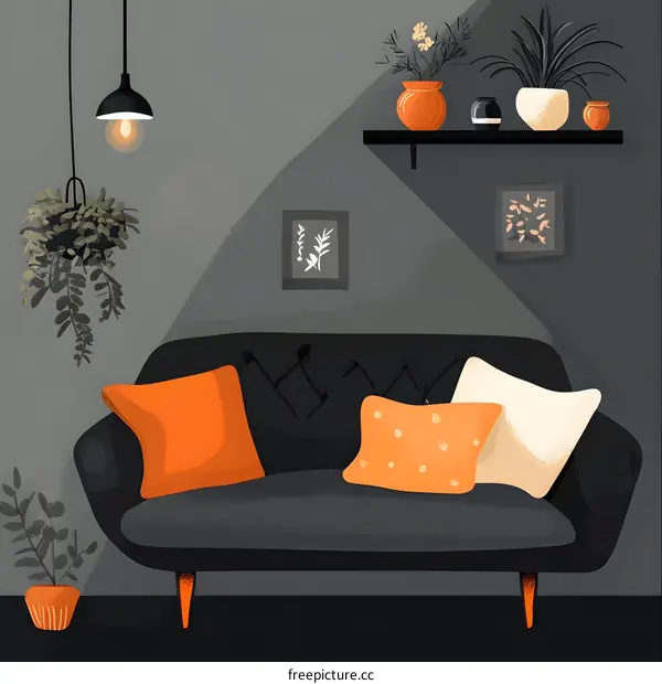 Cozy Living Room with Gray Sofa and Orange Pillows