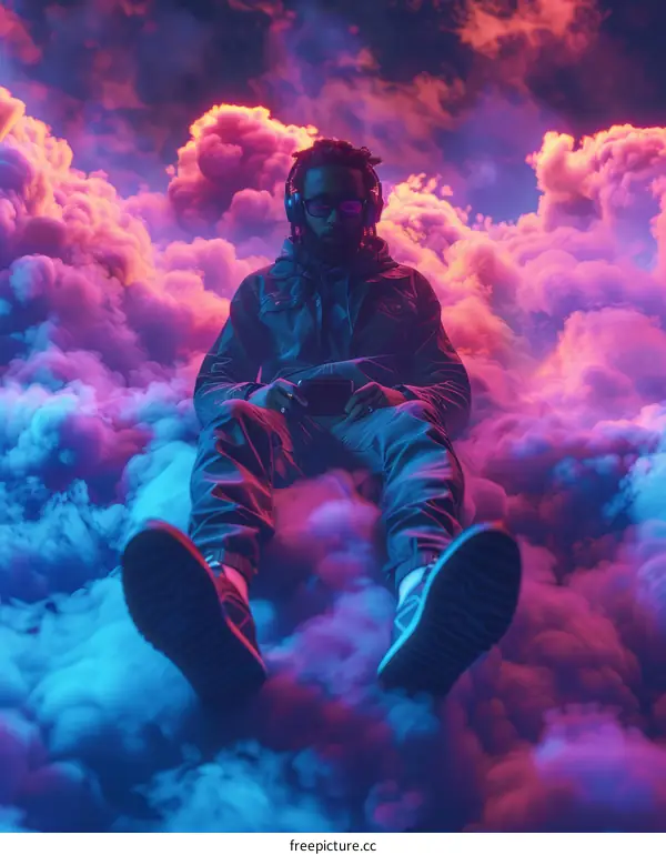 A person sitting on a cloud playing video games