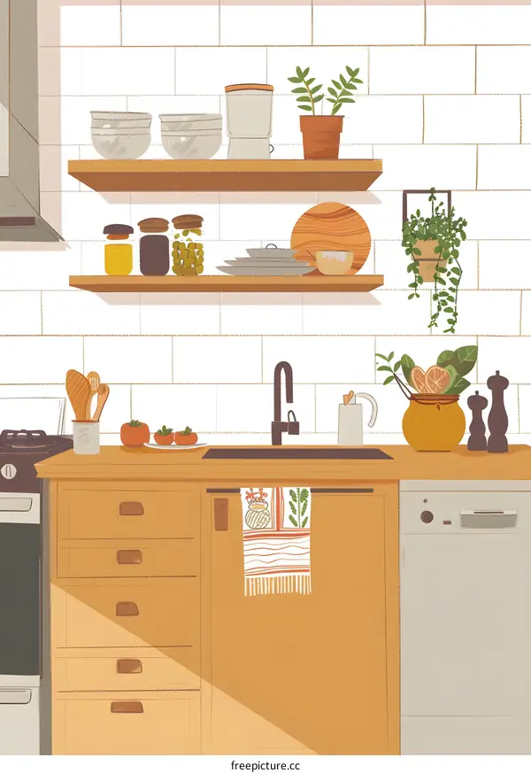 Modern Kitchen Illustration With White Tile Backsplash and Wooden Cabinets