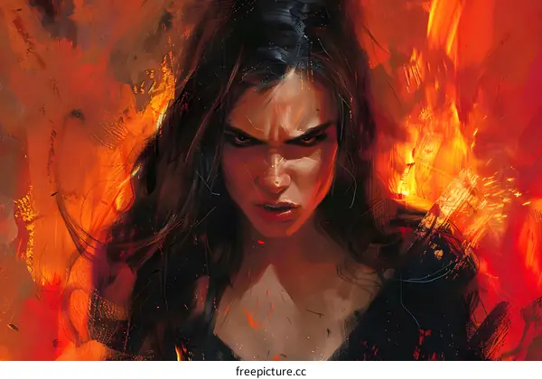 A woman with long dark hair and red eyes is standing in front of a red and orange background. She is wearing a black dress and has a serious expression on her face.