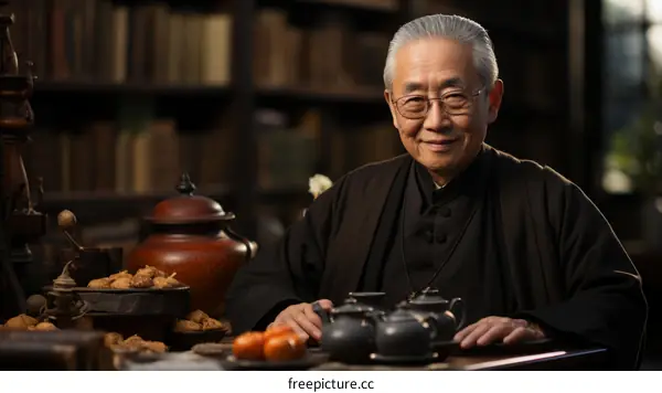 Portrait of a smiling elderly Asian man in traditional clothing sitting at a desk in a library