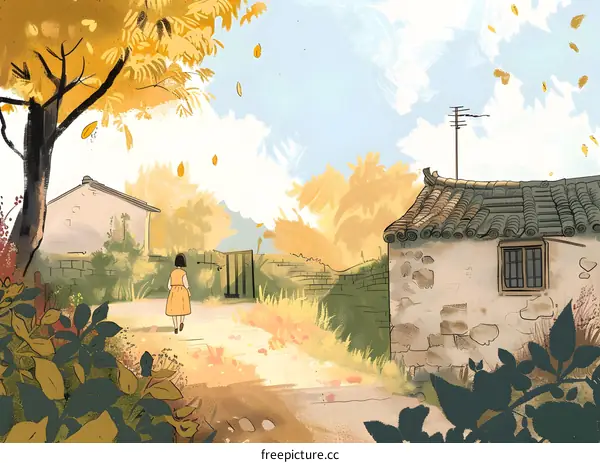 Autumn Girl Walking in the Countryside with Falling Leaves and Old Houses