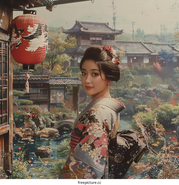 Portrait of a Japanese woman in traditional kimono