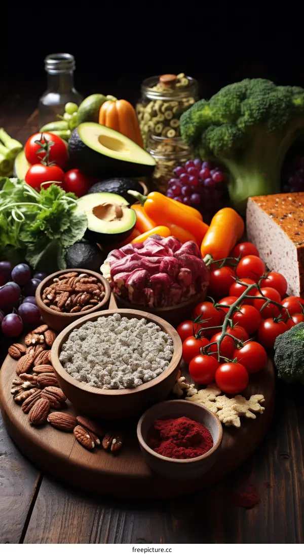 A variety of healthy food including vegetables, fruit, nuts, and grains
