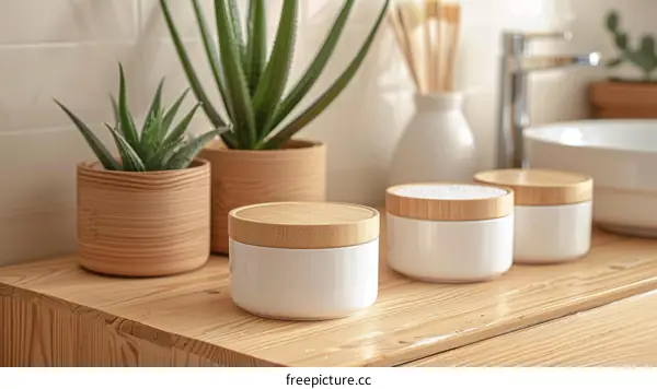 Small ceramic and wooden containers with bamboo lids on a wooden table