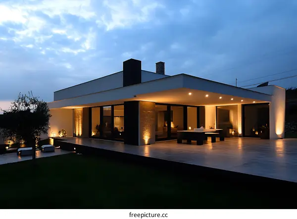 Modern House With Outdoor Patio At Dusk