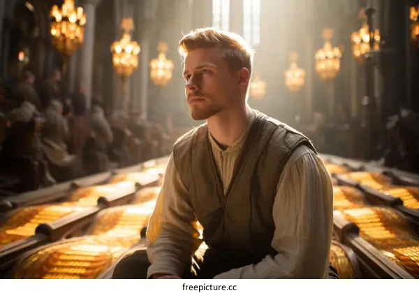 pensive man looking out over a vast hall