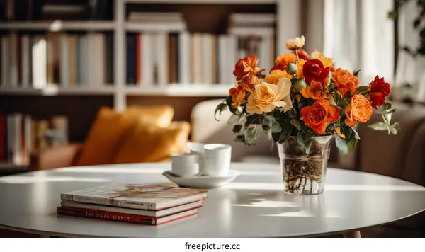 Orange and Yellow Rose Bouquet on a Table with Bookshelf Background