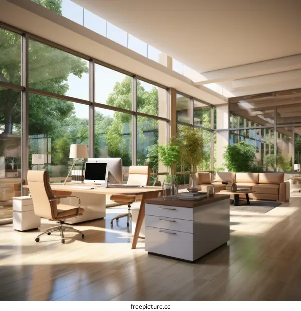 The office has a large glass window and a wooden desk with a computer on it.