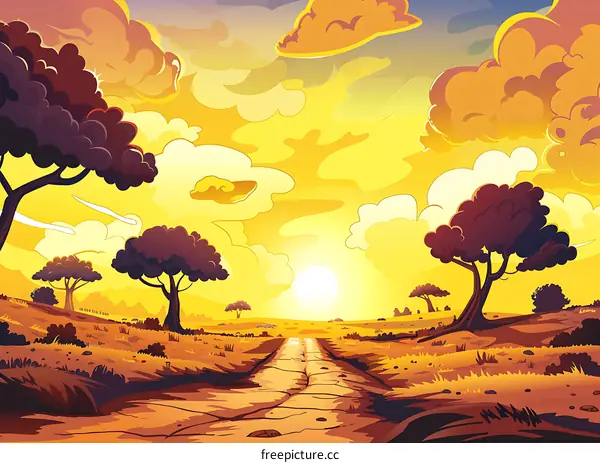 Sunset Landscape with Trees and Road