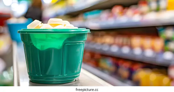 Green Plastic Container Full of Plastic Bottle Caps in Blurred Supermarket Setting