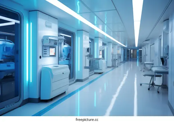 Futuristic Blue Hospital Interior with Advanced Equipment
